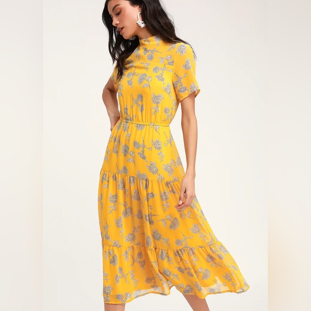 Lulu's Yellow Floral Midi Dress
